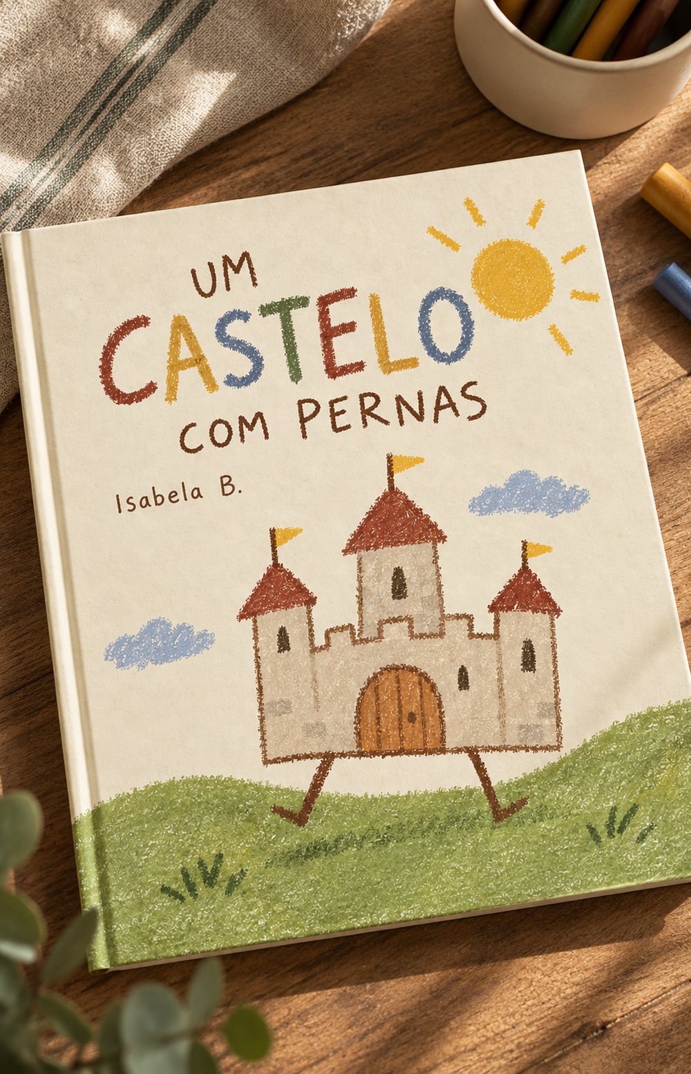 Livro de capa dura sobre uma mesa de madeira, com um castelo com pernas desenhado a giz na capa